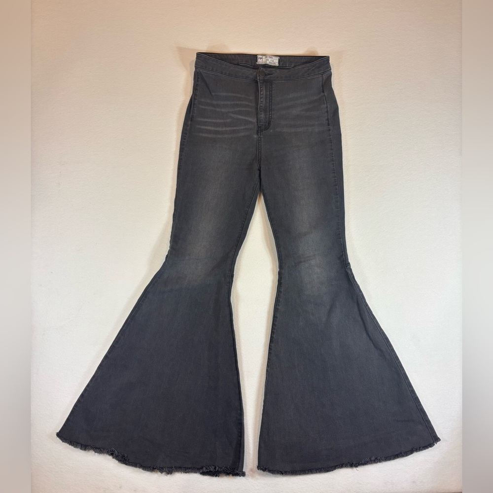 Free People Just Float On Flare Jeans Faded Black Raw Hem Size 28